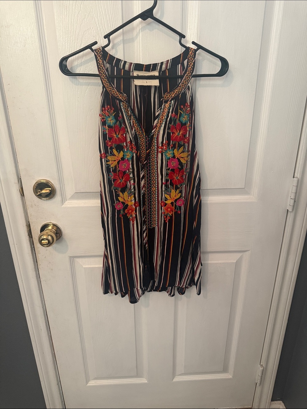 Savanna Jane Black Striped Camisole with Multicolor Floral Embroidery, size L